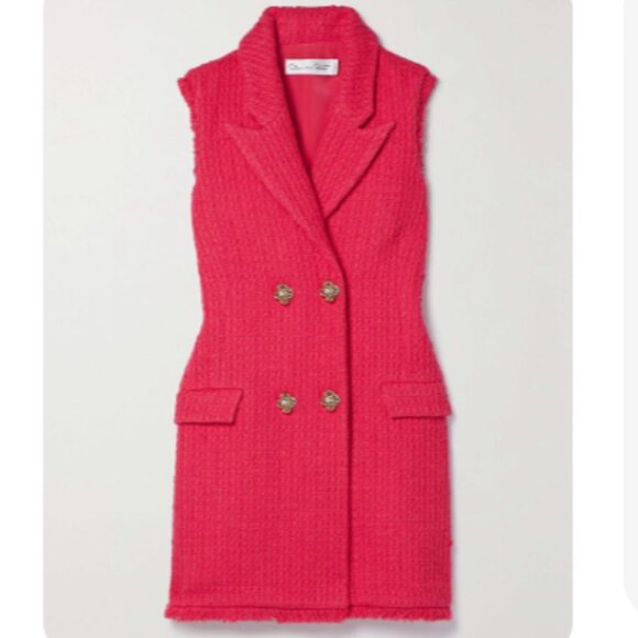New Oscar de la Renta Red Button-embellished Frayed Wool-blend Tweed Mini Dress - Picture 3 of 17